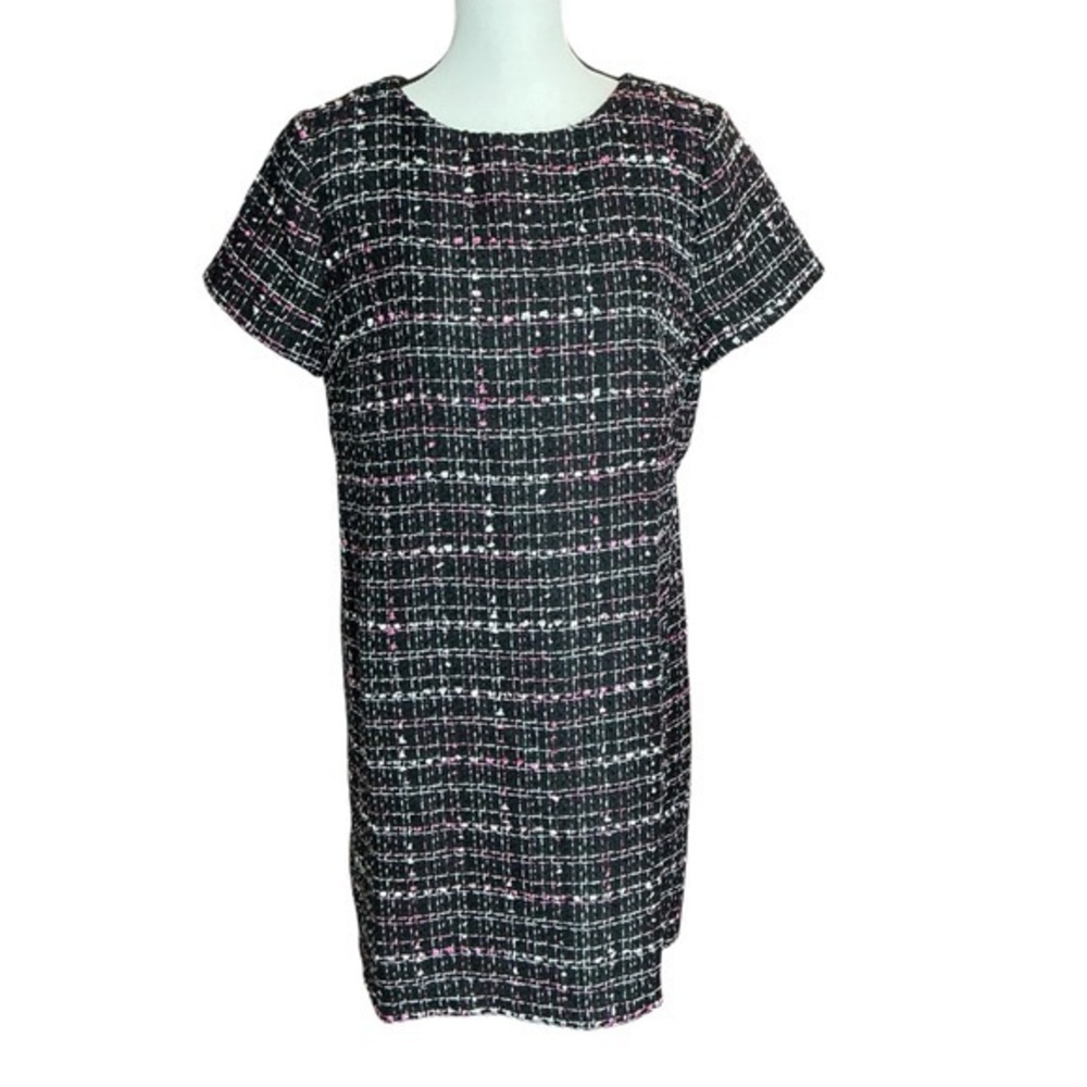 LOFT‎ Tweed Shift Mini Dress Black Pink White Short Sleeve Preppy Career Size 10